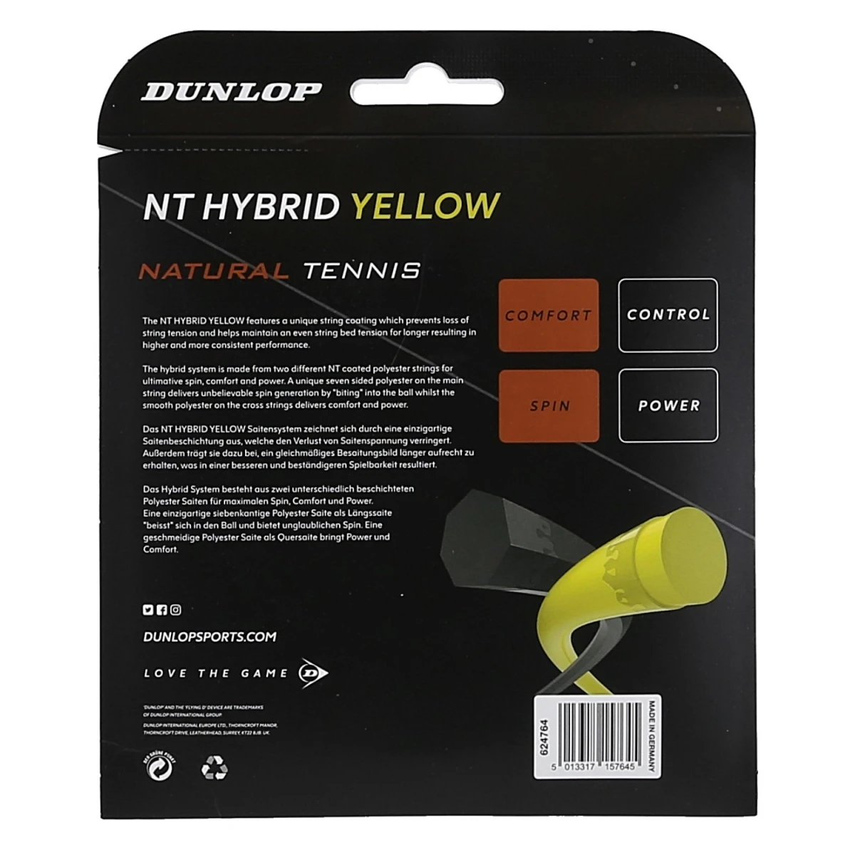 Dunlop Tennissaite RevolutionNT Hybrid (Haltbarkeit+Kontrolle) Gelb/schwarz 2x6m 2 Dunlop Tennissaite RevolutionNT Hybrid (Haltbarkeit+Kontrolle) Gelb/schwarz 2x6m – Bild 2